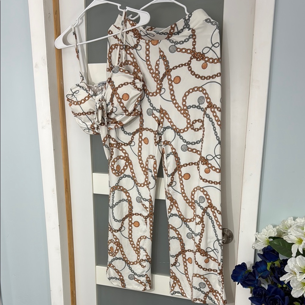 Almost Famous White and Brown Wide Leg Jumpsuit Chain Print